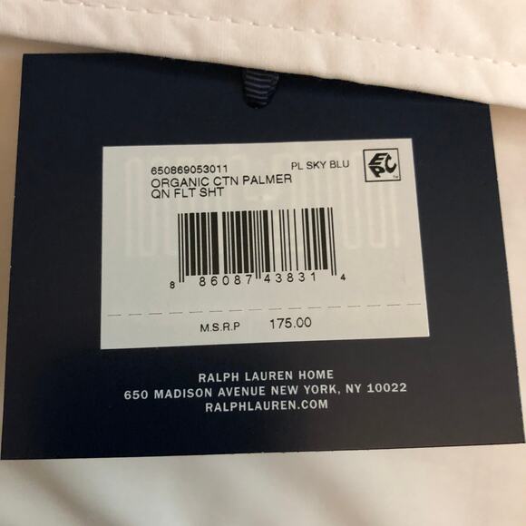 Ralph Lauren Organic Cotton Percale Palmer Queen Flat Sheet White Pale Sky Blue - Picture 10 of 10